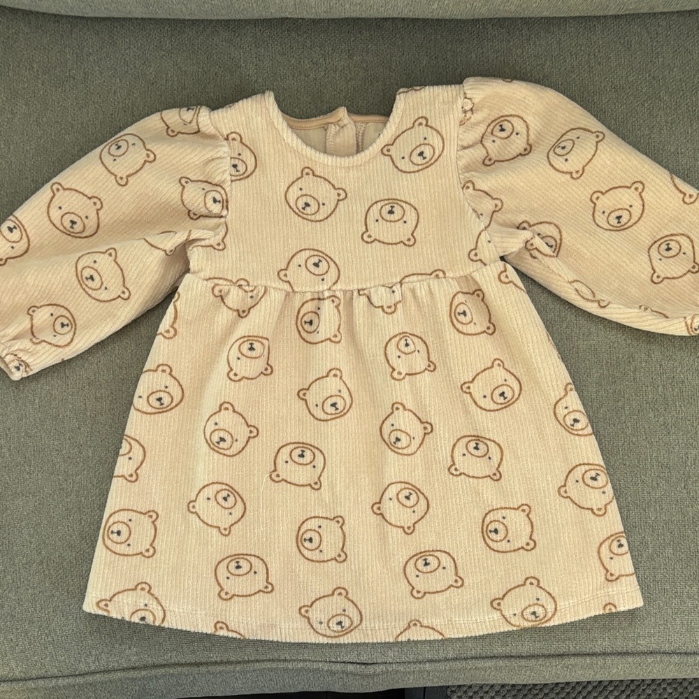 Charming Beige Bear Print Kids Dress